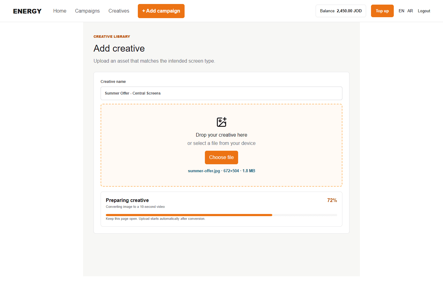 Creative conversion and upload progress with example file