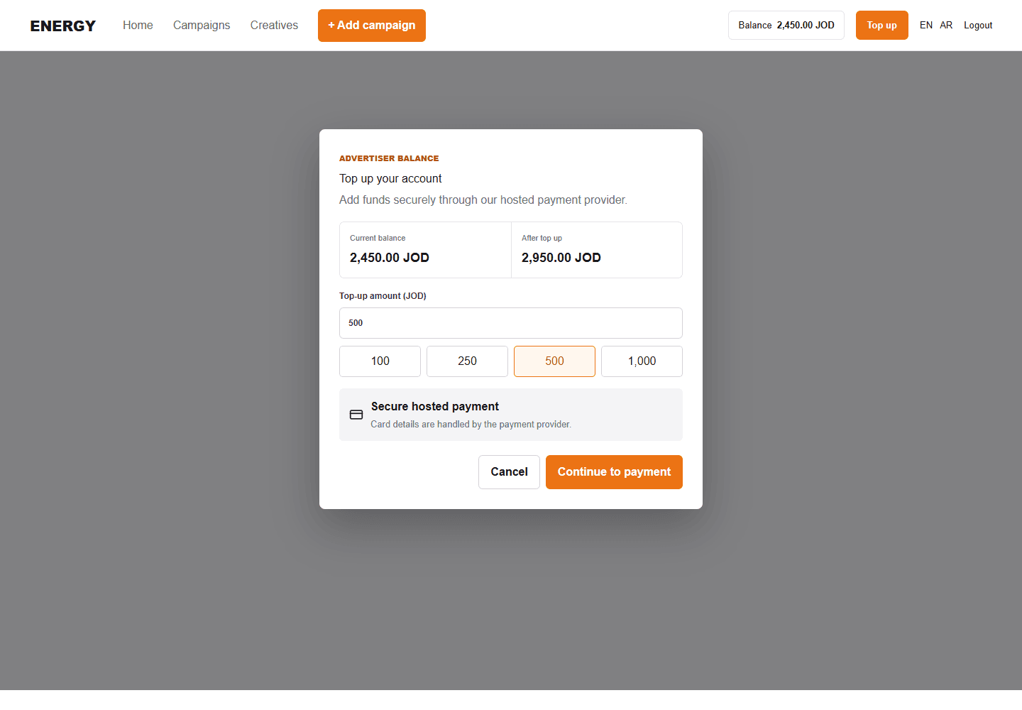 Top-up popup with example balance and amount